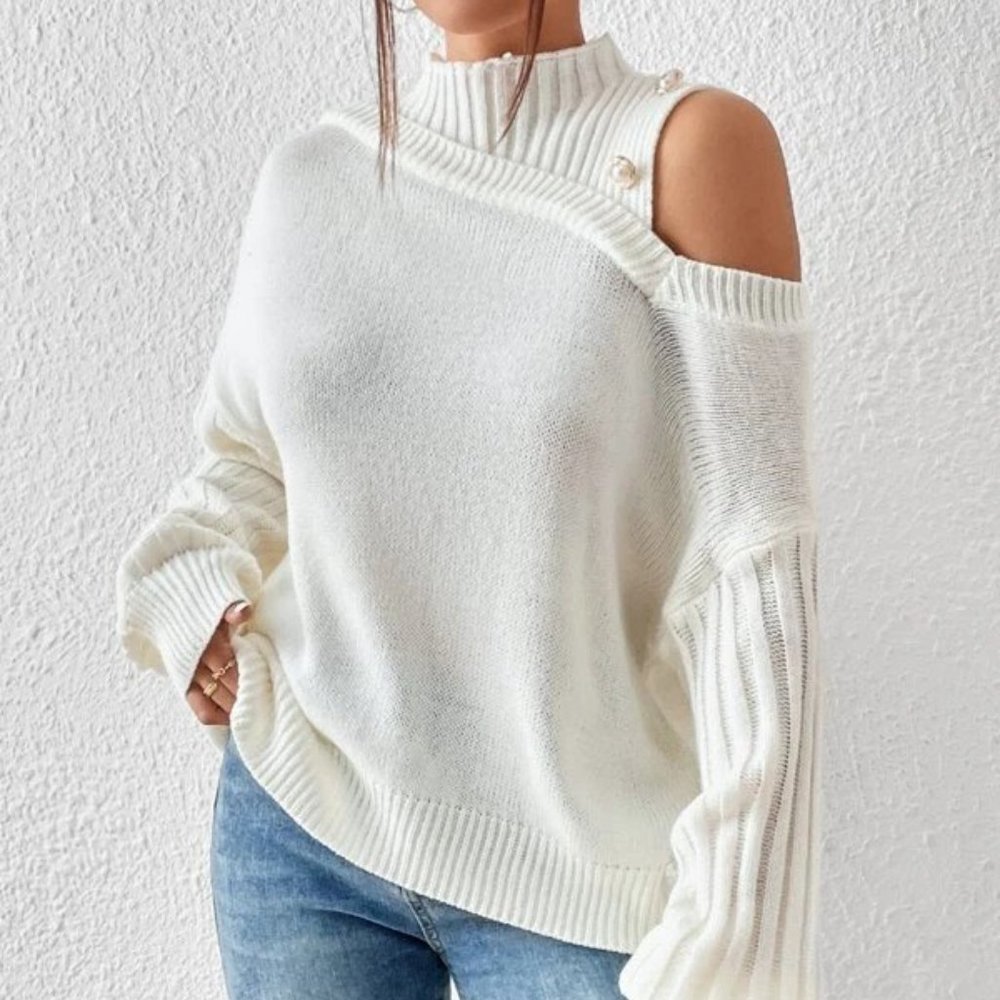 Beige Asymmetrical Neck Drop Shoulder Sweater